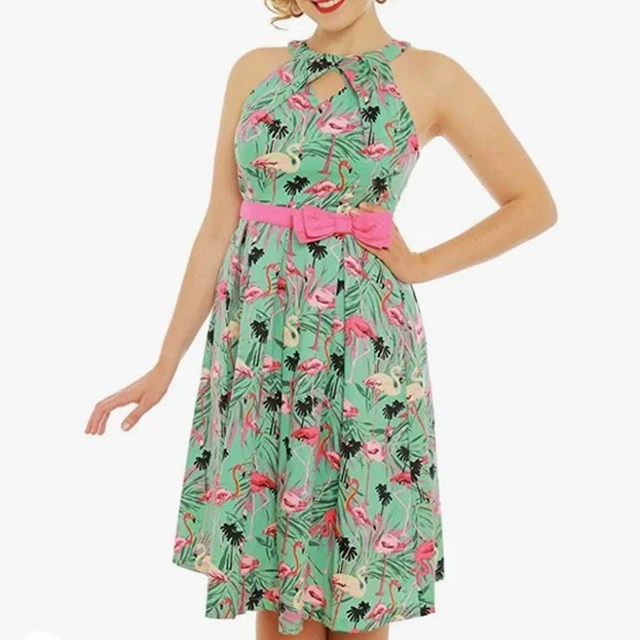 Lindy Bop green flamingo cotton swing dress - Picture 5 of 11